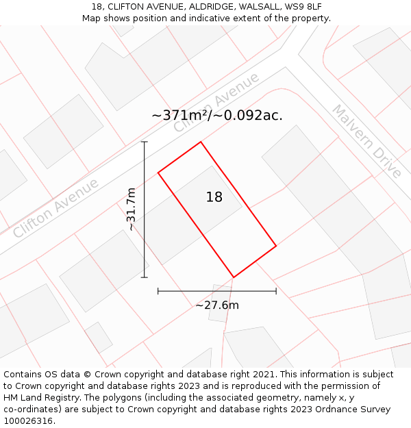 18, CLIFTON AVENUE, ALDRIDGE, WALSALL, WS9 8LF: Plot and title map