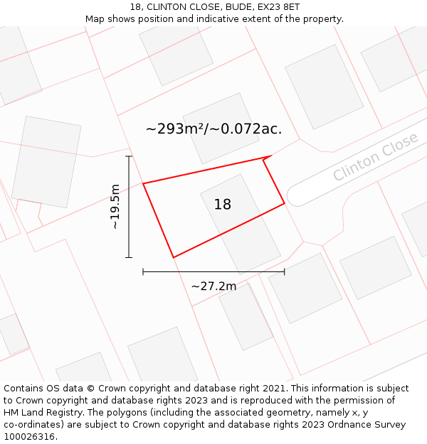 18, CLINTON CLOSE, BUDE, EX23 8ET: Plot and title map