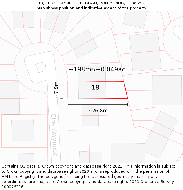 18, CLOS GWYNEDD, BEDDAU, PONTYPRIDD, CF38 2SU: Plot and title map