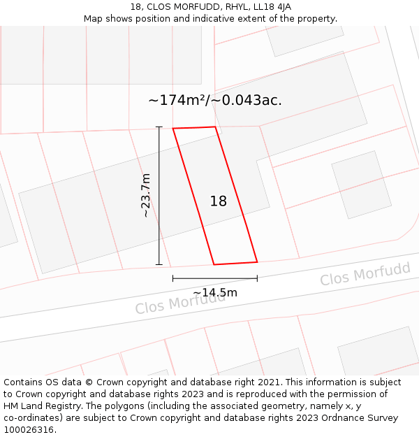 18, CLOS MORFUDD, RHYL, LL18 4JA: Plot and title map