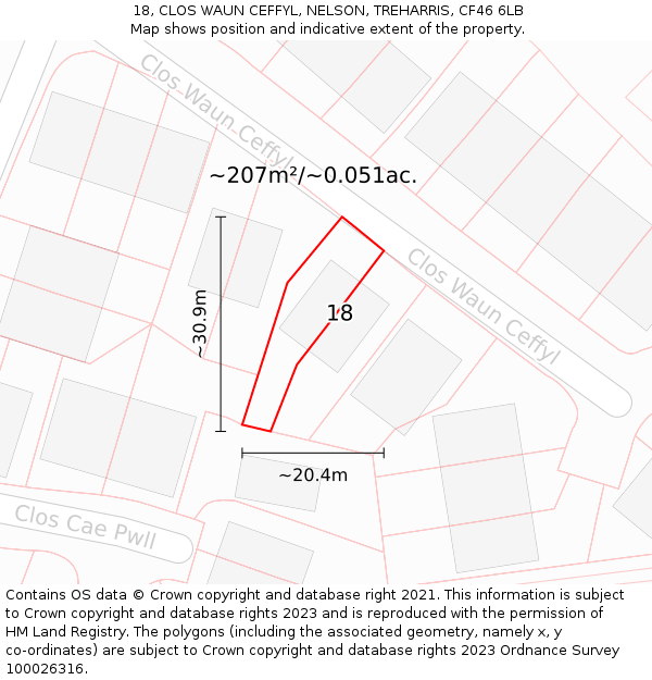 18, CLOS WAUN CEFFYL, NELSON, TREHARRIS, CF46 6LB: Plot and title map