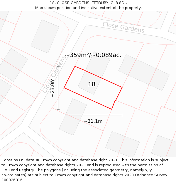 18, CLOSE GARDENS, TETBURY, GL8 8DU: Plot and title map