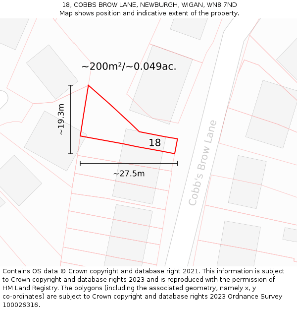 18, COBBS BROW LANE, NEWBURGH, WIGAN, WN8 7ND: Plot and title map