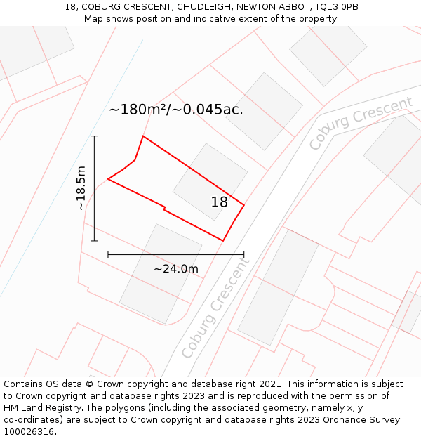 18, COBURG CRESCENT, CHUDLEIGH, NEWTON ABBOT, TQ13 0PB: Plot and title map