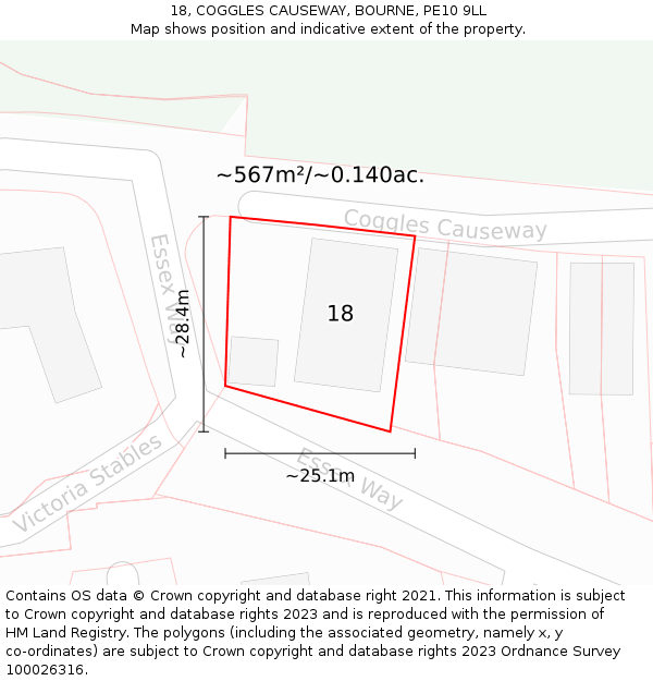 18, COGGLES CAUSEWAY, BOURNE, PE10 9LL: Plot and title map