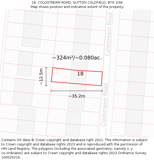 18, COLDSTREAM ROAD, SUTTON COLDFIELD, B76 1NW: Plot and title map