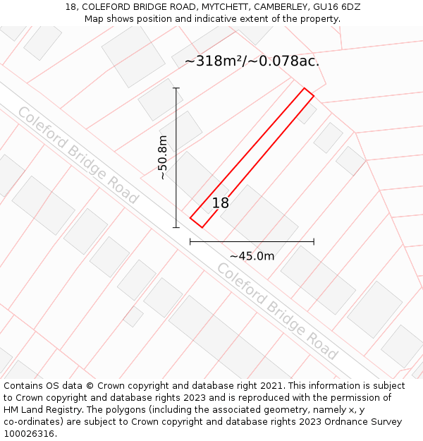 18, COLEFORD BRIDGE ROAD, MYTCHETT, CAMBERLEY, GU16 6DZ: Plot and title map