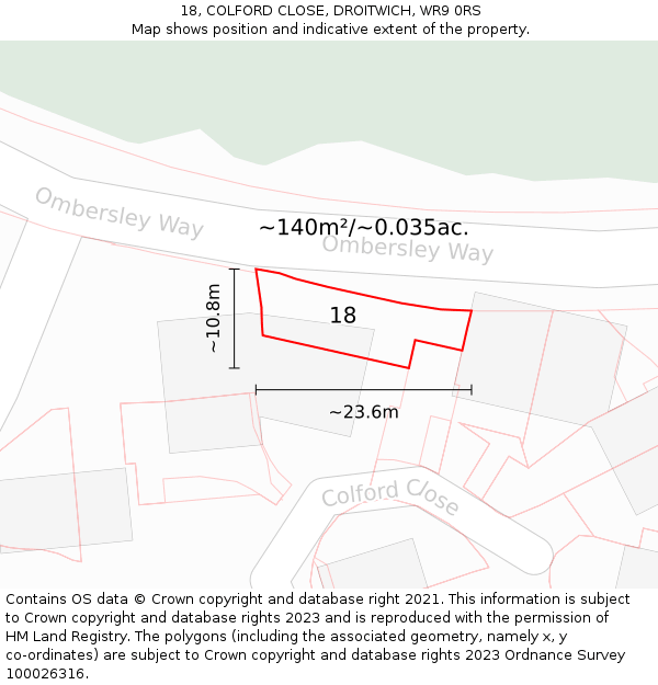 18, COLFORD CLOSE, DROITWICH, WR9 0RS: Plot and title map
