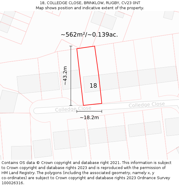 18, COLLEDGE CLOSE, BRINKLOW, RUGBY, CV23 0NT: Plot and title map
