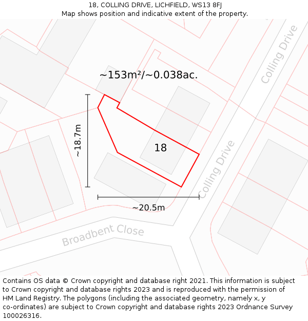 18, COLLING DRIVE, LICHFIELD, WS13 8FJ: Plot and title map