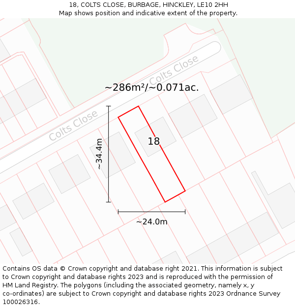 18, COLTS CLOSE, BURBAGE, HINCKLEY, LE10 2HH: Plot and title map