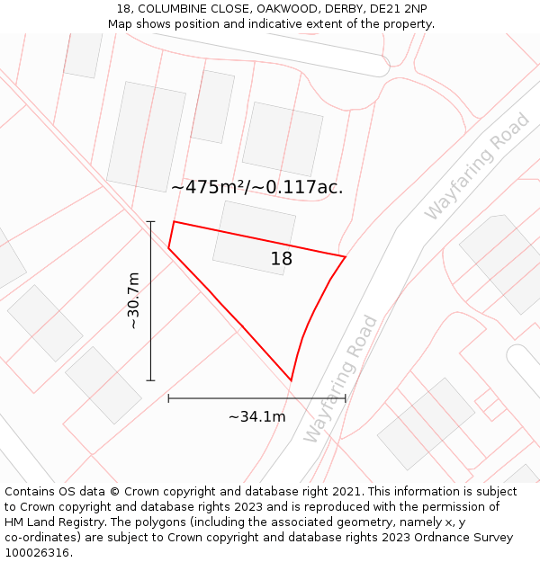 18, COLUMBINE CLOSE, OAKWOOD, DERBY, DE21 2NP: Plot and title map