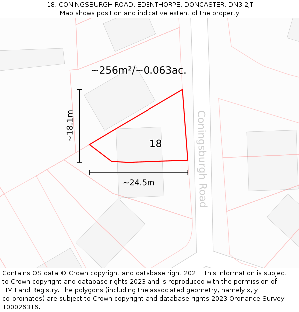 18, CONINGSBURGH ROAD, EDENTHORPE, DONCASTER, DN3 2JT: Plot and title map