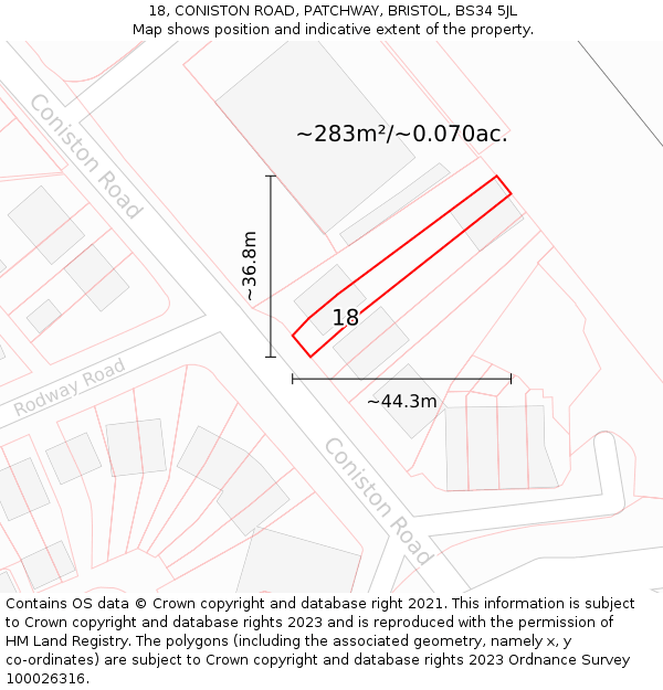 18, CONISTON ROAD, PATCHWAY, BRISTOL, BS34 5JL: Plot and title map