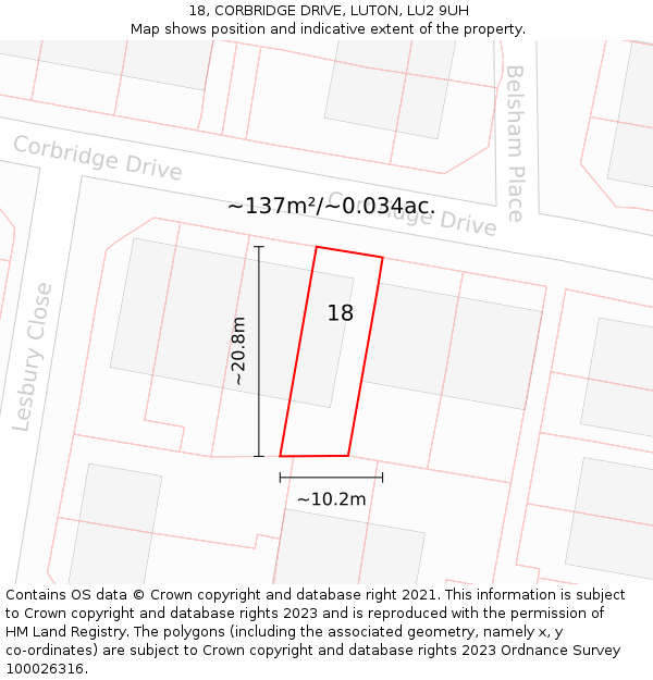 18, CORBRIDGE DRIVE, LUTON, LU2 9UH: Plot and title map