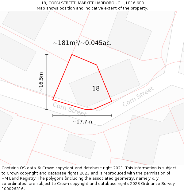 18, CORN STREET, MARKET HARBOROUGH, LE16 9FR: Plot and title map