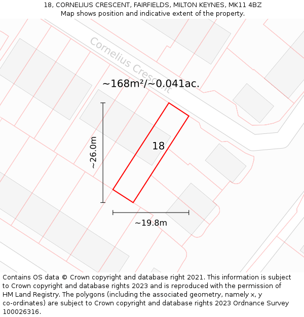 18, CORNELIUS CRESCENT, FAIRFIELDS, MILTON KEYNES, MK11 4BZ: Plot and title map