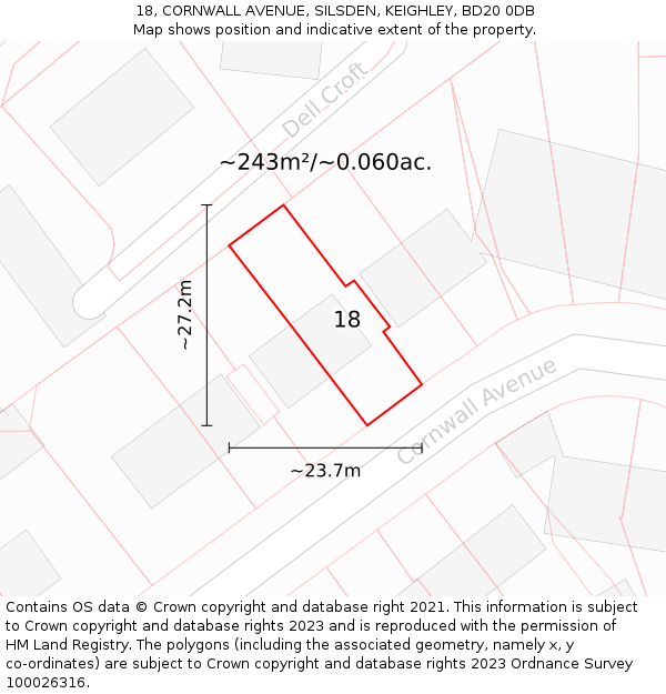 18, CORNWALL AVENUE, SILSDEN, KEIGHLEY, BD20 0DB: Plot and title map