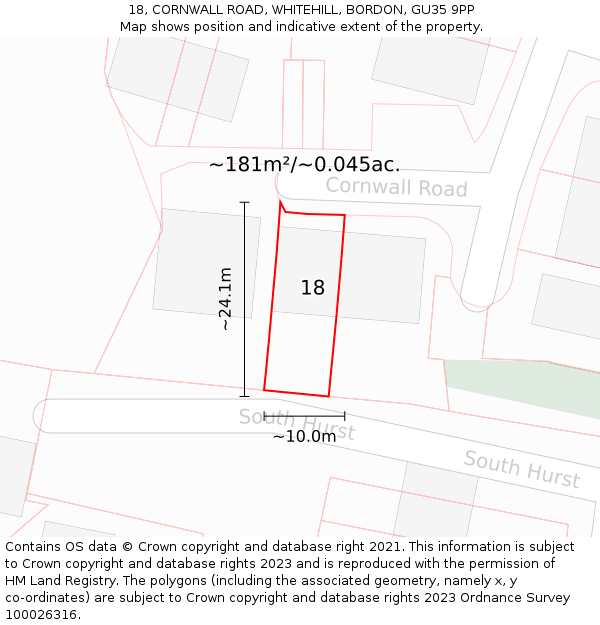 18, CORNWALL ROAD, WHITEHILL, BORDON, GU35 9PP: Plot and title map