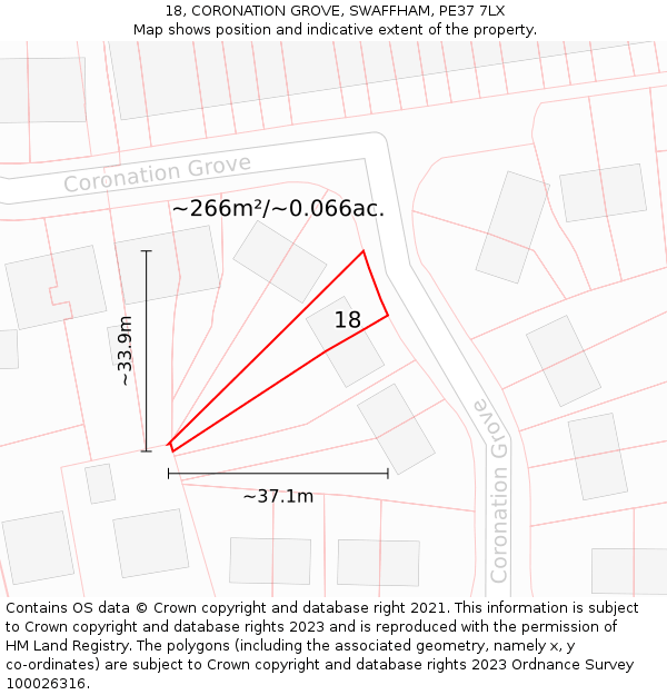 18, CORONATION GROVE, SWAFFHAM, PE37 7LX: Plot and title map