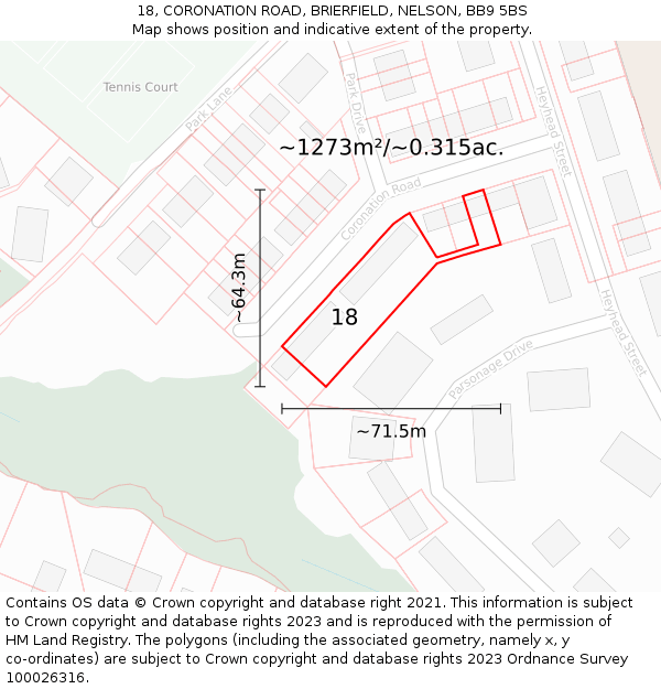 18, CORONATION ROAD, BRIERFIELD, NELSON, BB9 5BS: Plot and title map