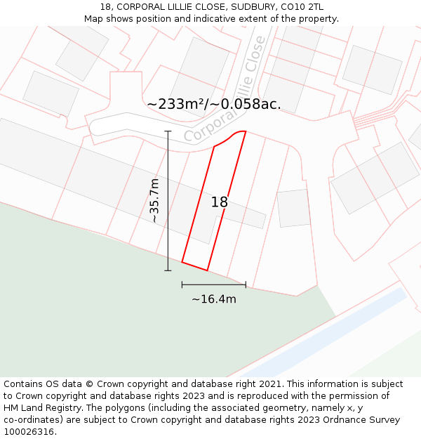 18, CORPORAL LILLIE CLOSE, SUDBURY, CO10 2TL: Plot and title map