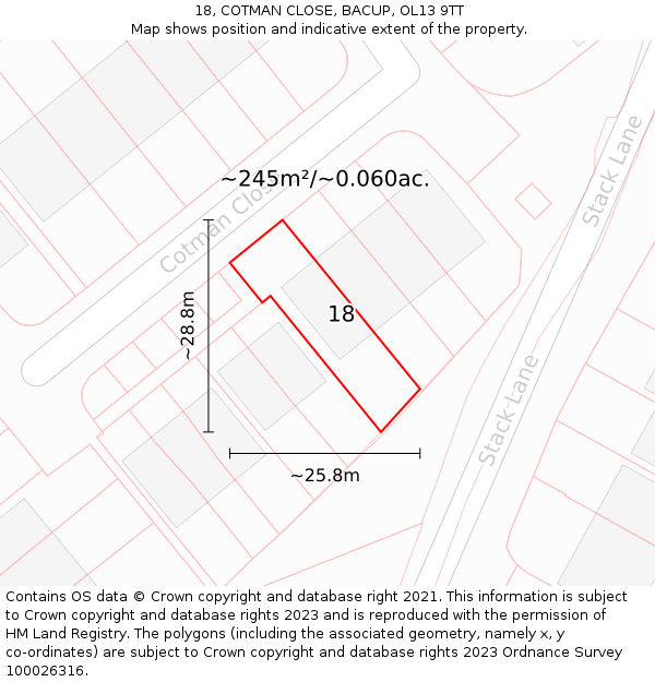 18, COTMAN CLOSE, BACUP, OL13 9TT: Plot and title map