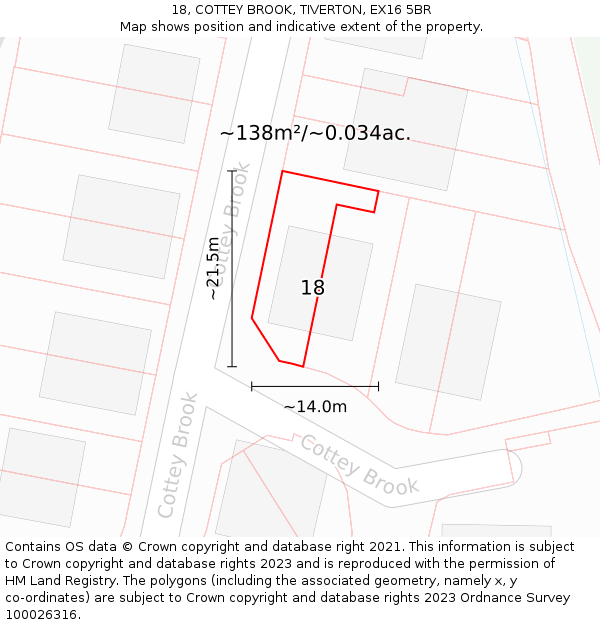 18, COTTEY BROOK, TIVERTON, EX16 5BR: Plot and title map