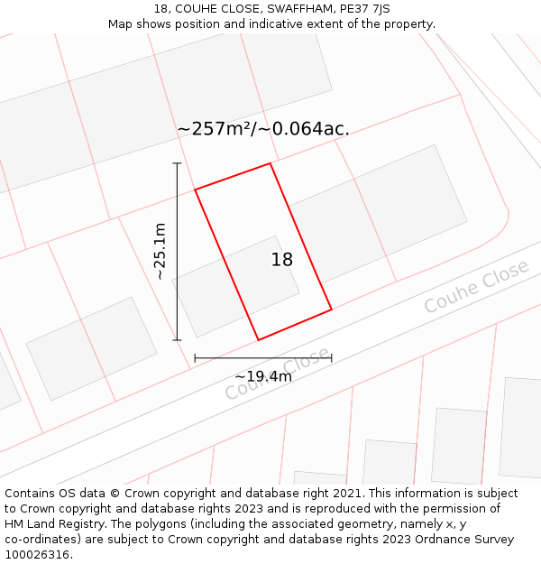 18, COUHE CLOSE, SWAFFHAM, PE37 7JS: Plot and title map