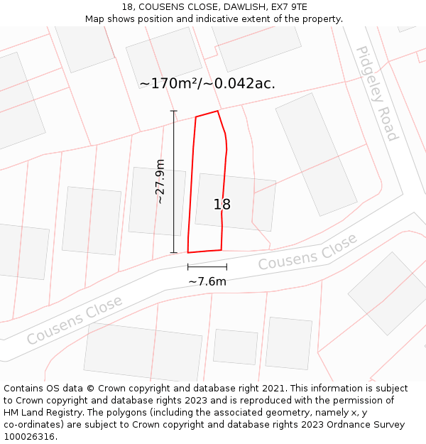 18, COUSENS CLOSE, DAWLISH, EX7 9TE: Plot and title map