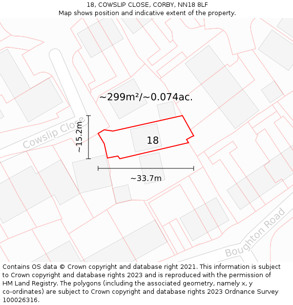 18, COWSLIP CLOSE, CORBY, NN18 8LF: Plot and title map