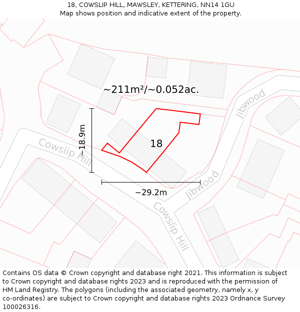 18, COWSLIP HILL, MAWSLEY, KETTERING, NN14 1GU: Plot and title map
