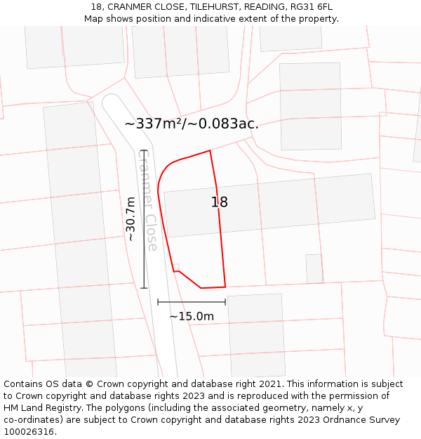 18, CRANMER CLOSE, TILEHURST, READING, RG31 6FL: Plot and title map