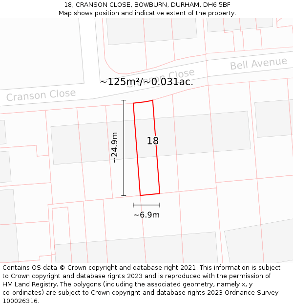 18, CRANSON CLOSE, BOWBURN, DURHAM, DH6 5BF: Plot and title map