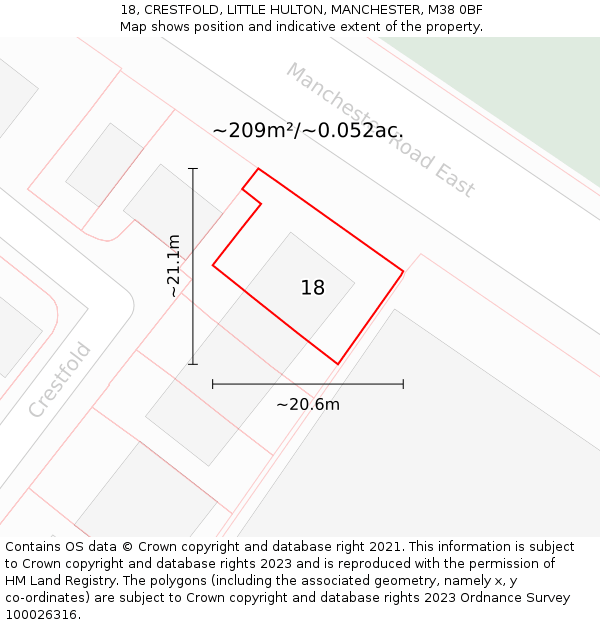 18, CRESTFOLD, LITTLE HULTON, MANCHESTER, M38 0BF: Plot and title map
