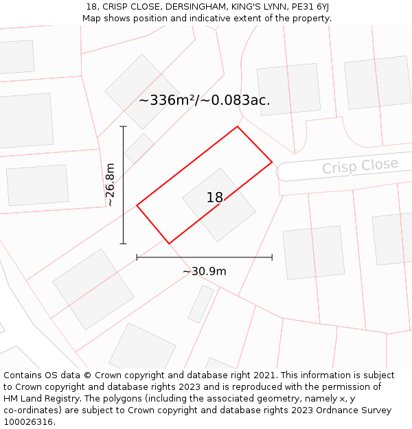 18, CRISP CLOSE, DERSINGHAM, KING'S LYNN, PE31 6YJ: Plot and title map