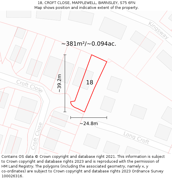 18, CROFT CLOSE, MAPPLEWELL, BARNSLEY, S75 6FN: Plot and title map
