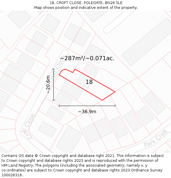 18, CROFT CLOSE, POLEGATE, BN26 5LE: Plot and title map