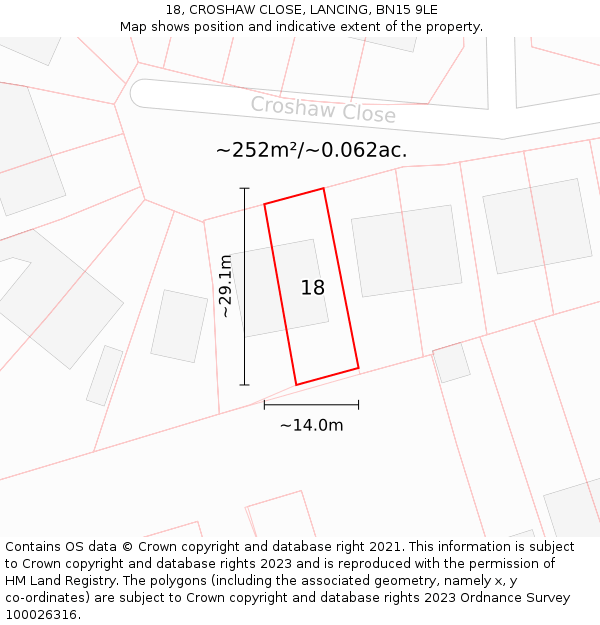 18, CROSHAW CLOSE, LANCING, BN15 9LE: Plot and title map