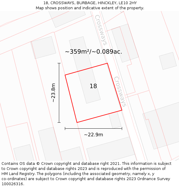 18, CROSSWAYS, BURBAGE, HINCKLEY, LE10 2HY: Plot and title map