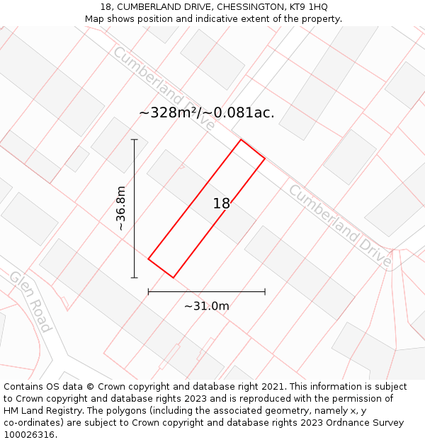 18, CUMBERLAND DRIVE, CHESSINGTON, KT9 1HQ: Plot and title map