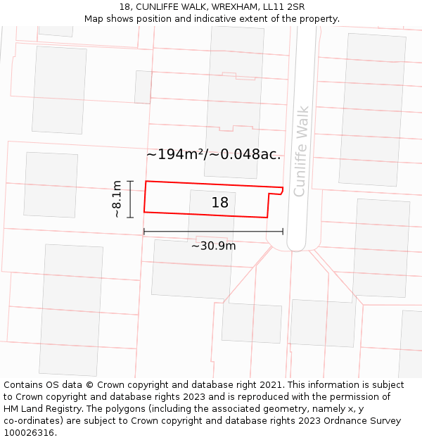 18, CUNLIFFE WALK, WREXHAM, LL11 2SR: Plot and title map
