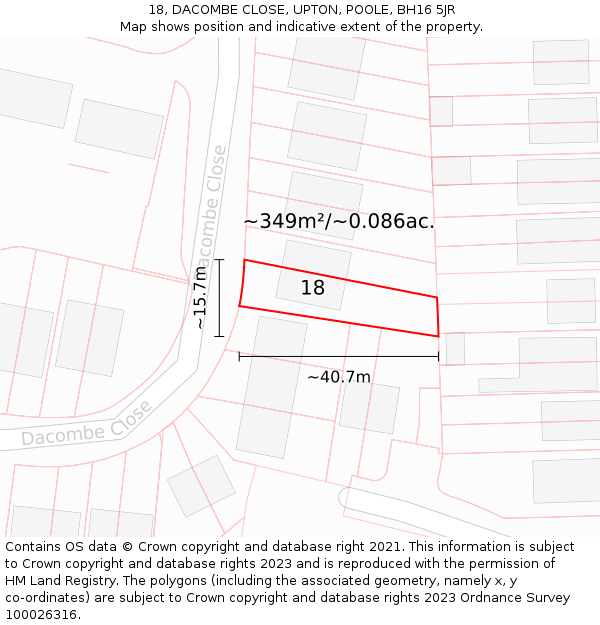 18, DACOMBE CLOSE, UPTON, POOLE, BH16 5JR: Plot and title map