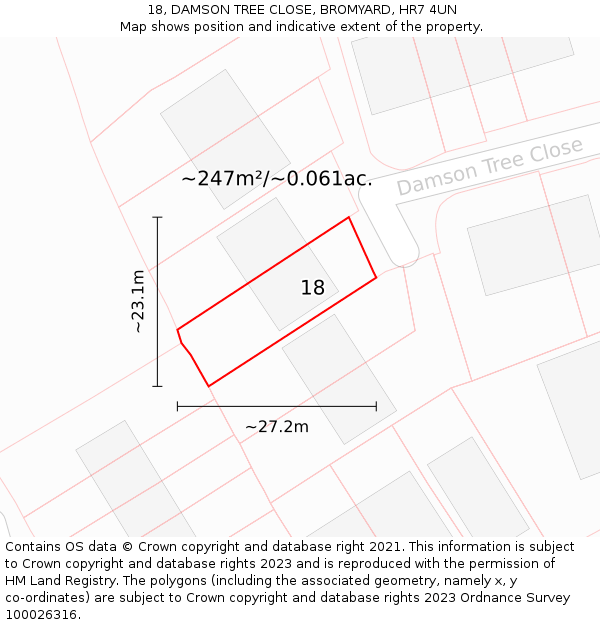 18, DAMSON TREE CLOSE, BROMYARD, HR7 4UN: Plot and title map