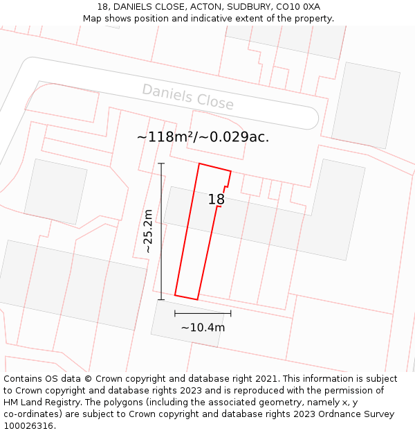 18, DANIELS CLOSE, ACTON, SUDBURY, CO10 0XA: Plot and title map