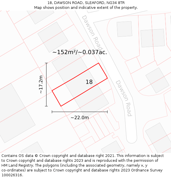 18, DAWSON ROAD, SLEAFORD, NG34 8TR: Plot and title map