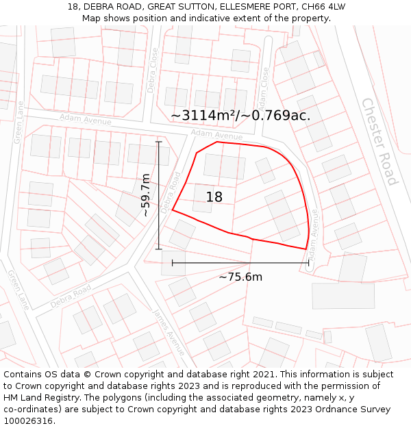18, DEBRA ROAD, GREAT SUTTON, ELLESMERE PORT, CH66 4LW: Plot and title map
