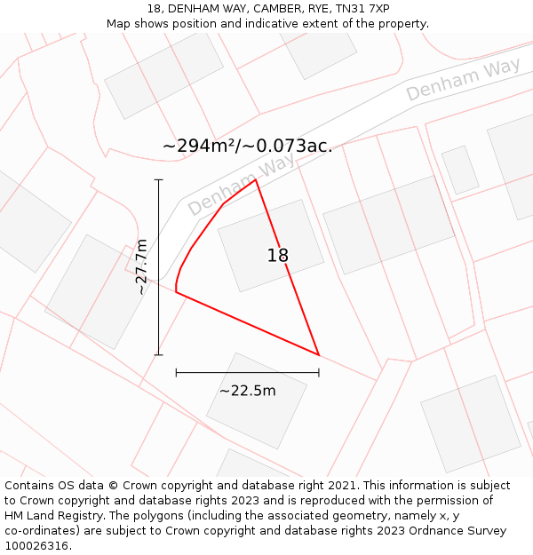 18, DENHAM WAY, CAMBER, RYE, TN31 7XP: Plot and title map