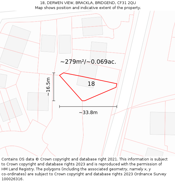 18, DERWEN VIEW, BRACKLA, BRIDGEND, CF31 2QU: Plot and title map