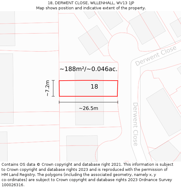 18, DERWENT CLOSE, WILLENHALL, WV13 1JP: Plot and title map